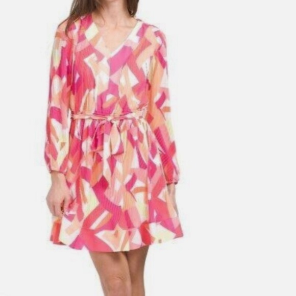 Nicole Miller Pink and Orange Patterned Pleated Mini Dress with Bishop Sleeves - Picture 1 of 8